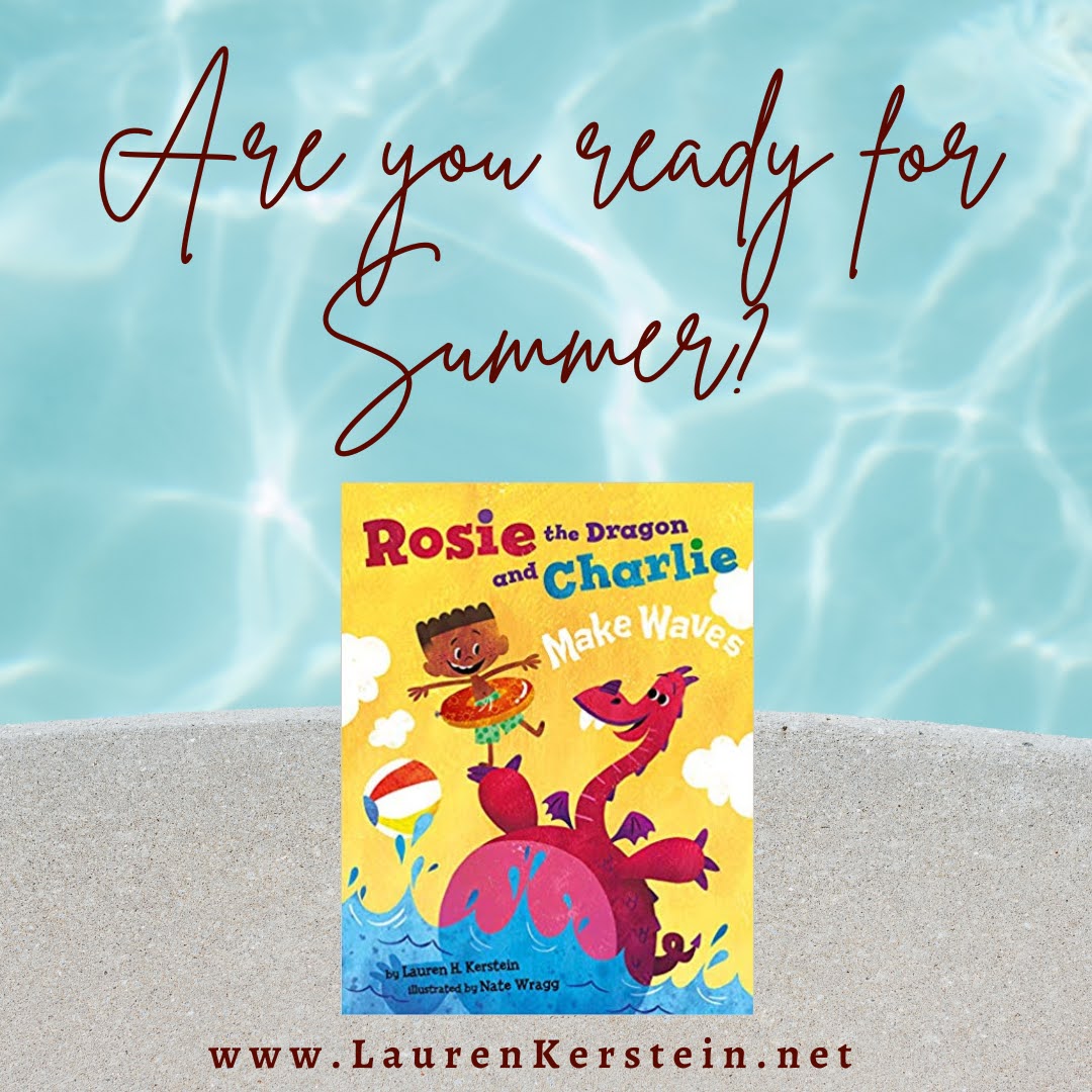 Summer pool background with text and a children's book cover featuring a dragon and a girl.