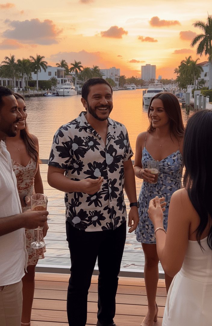 Group of five people smiling and talking outdoors near water with palm trees and buildings in background.