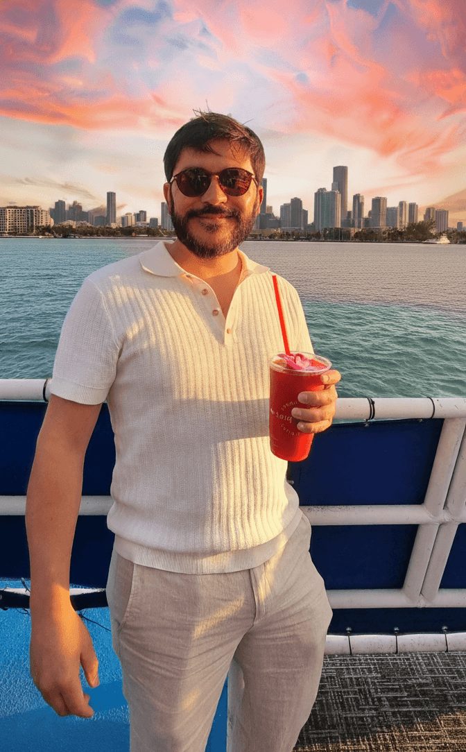 Man with sunglasses holding a red drink with a straw on a boat, city skyline in background during sunset.