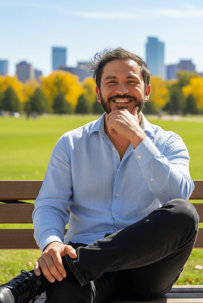 Man sitting on a park bench smiling, with city skyline and trees in background.