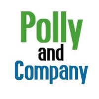 Text logo with green, black, and blue words: Polly and Company.