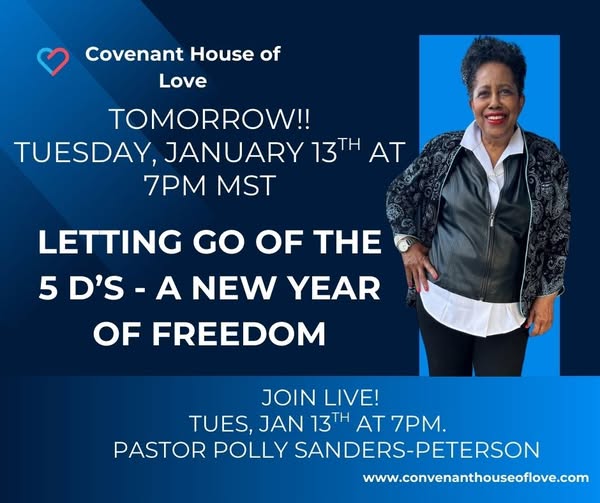 Event announcement with a woman smiling, blue background, and text about a New Year's event on January 13th at 7 PM MST.