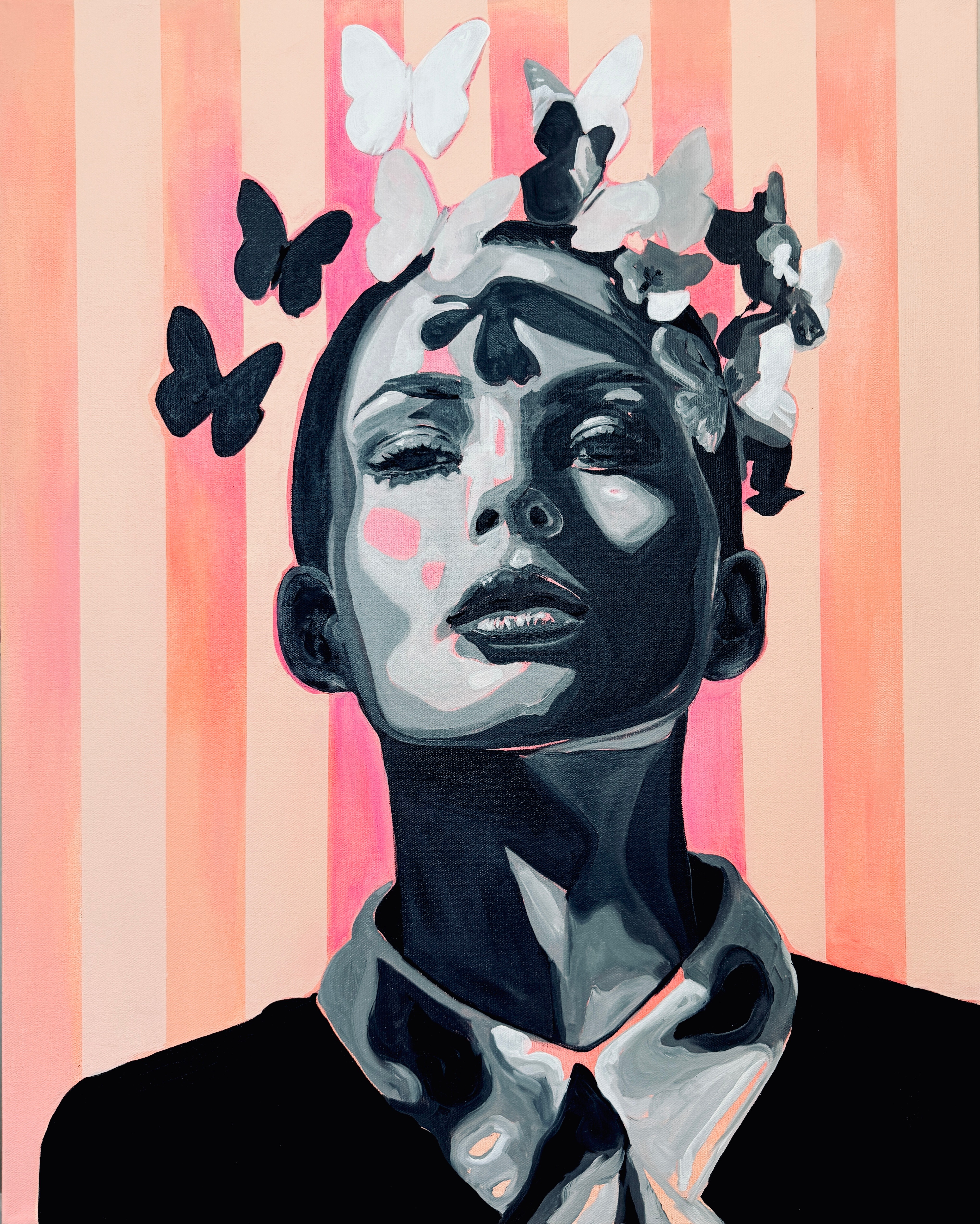 Portrait of a woman with butterflies around her head against a striped background.