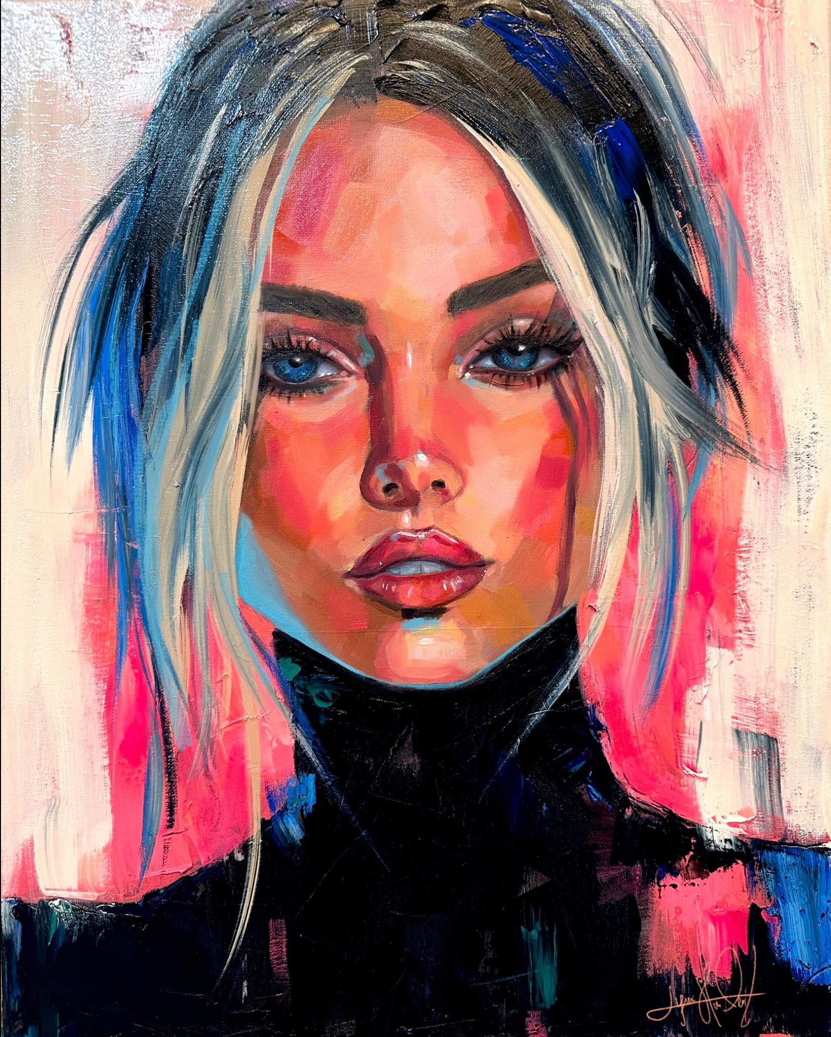 Portrait of a woman with blonde and dark hair, blue eyes, and a black turtleneck, painted in vibrant colors.