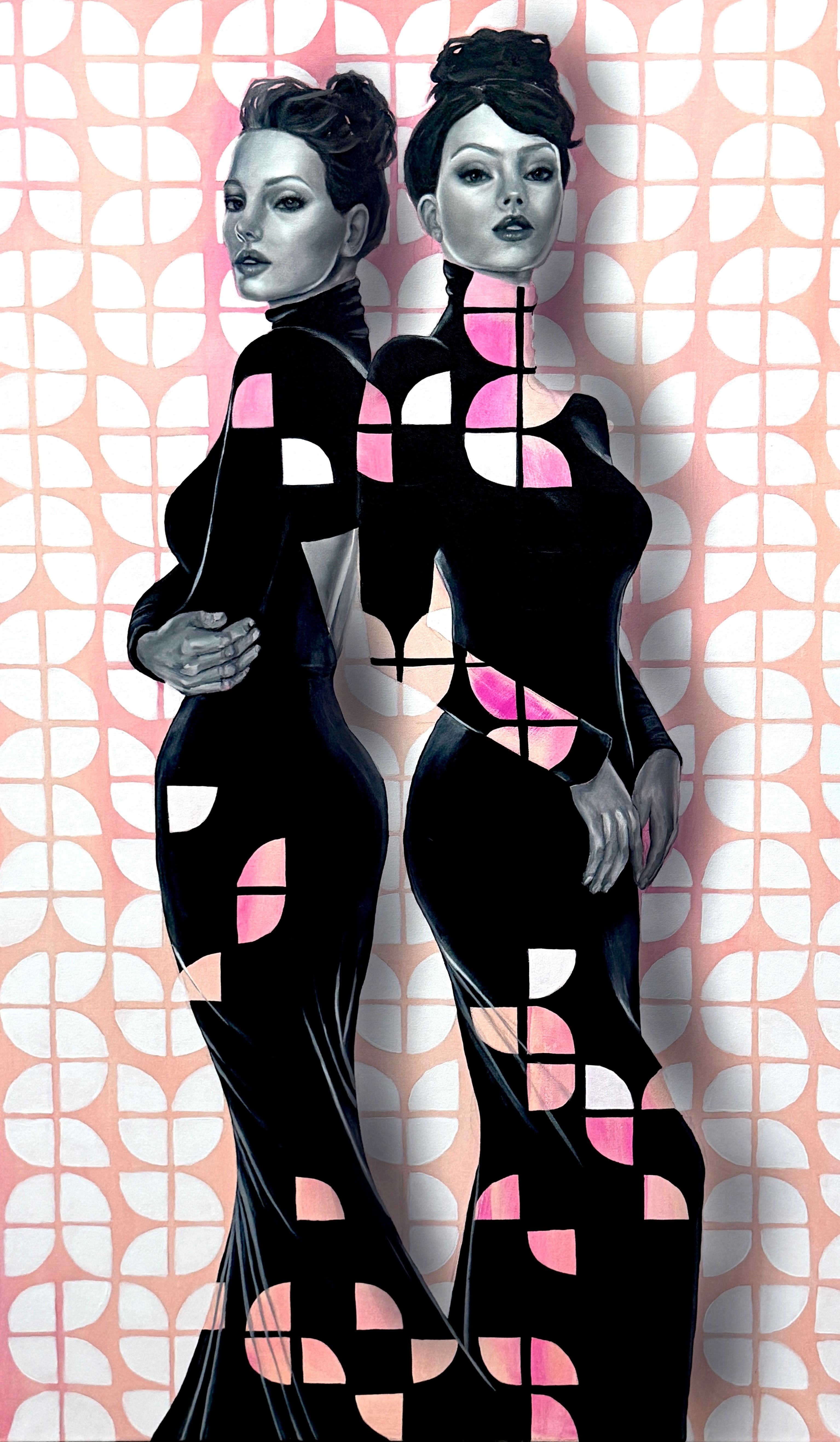 Two women with dark hair and makeup, wearing black outfits, standing against a patterned background.