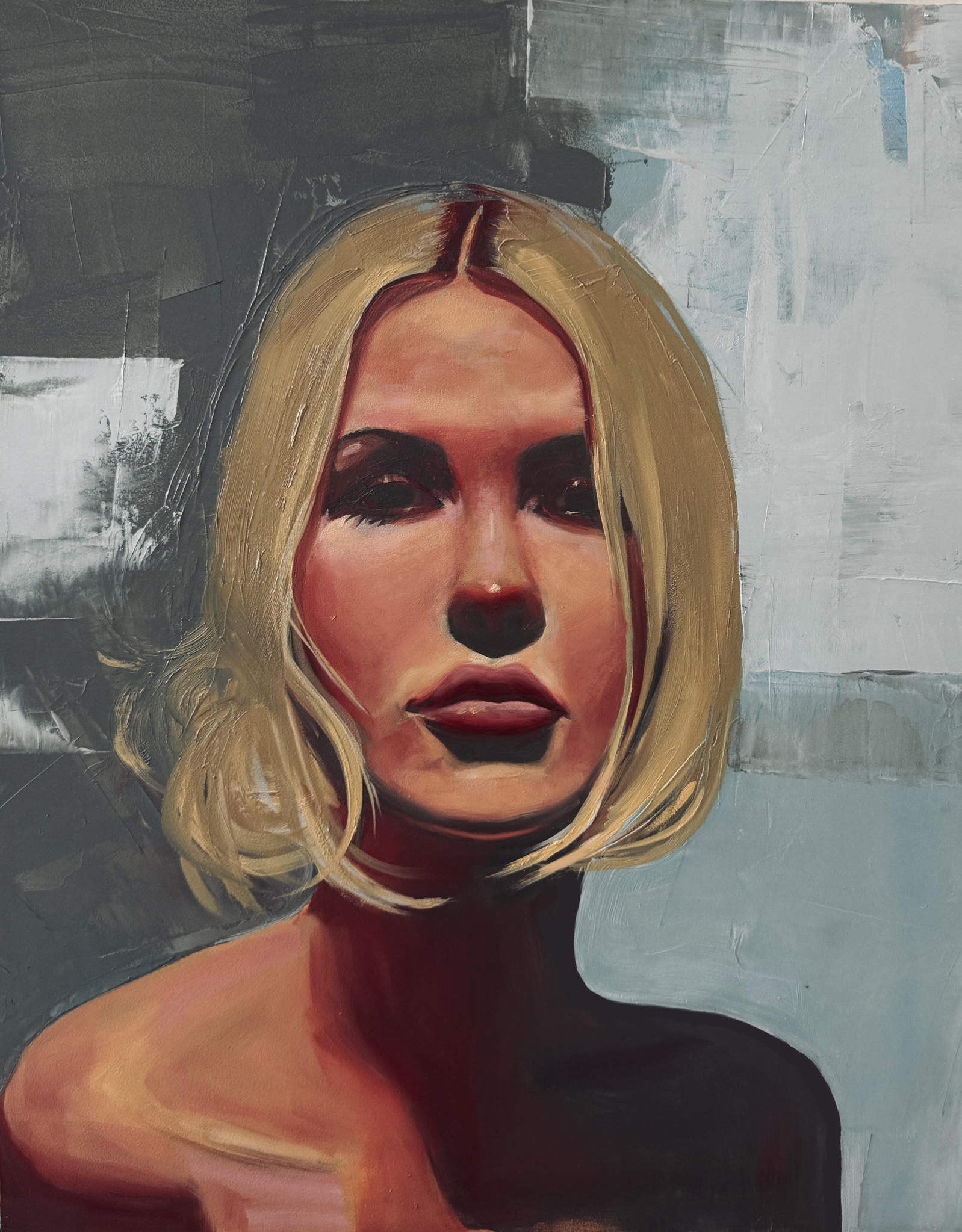 Portrait of a woman with blonde hair and a serious expression, painted with bold brushstrokes and contrasting colors.
