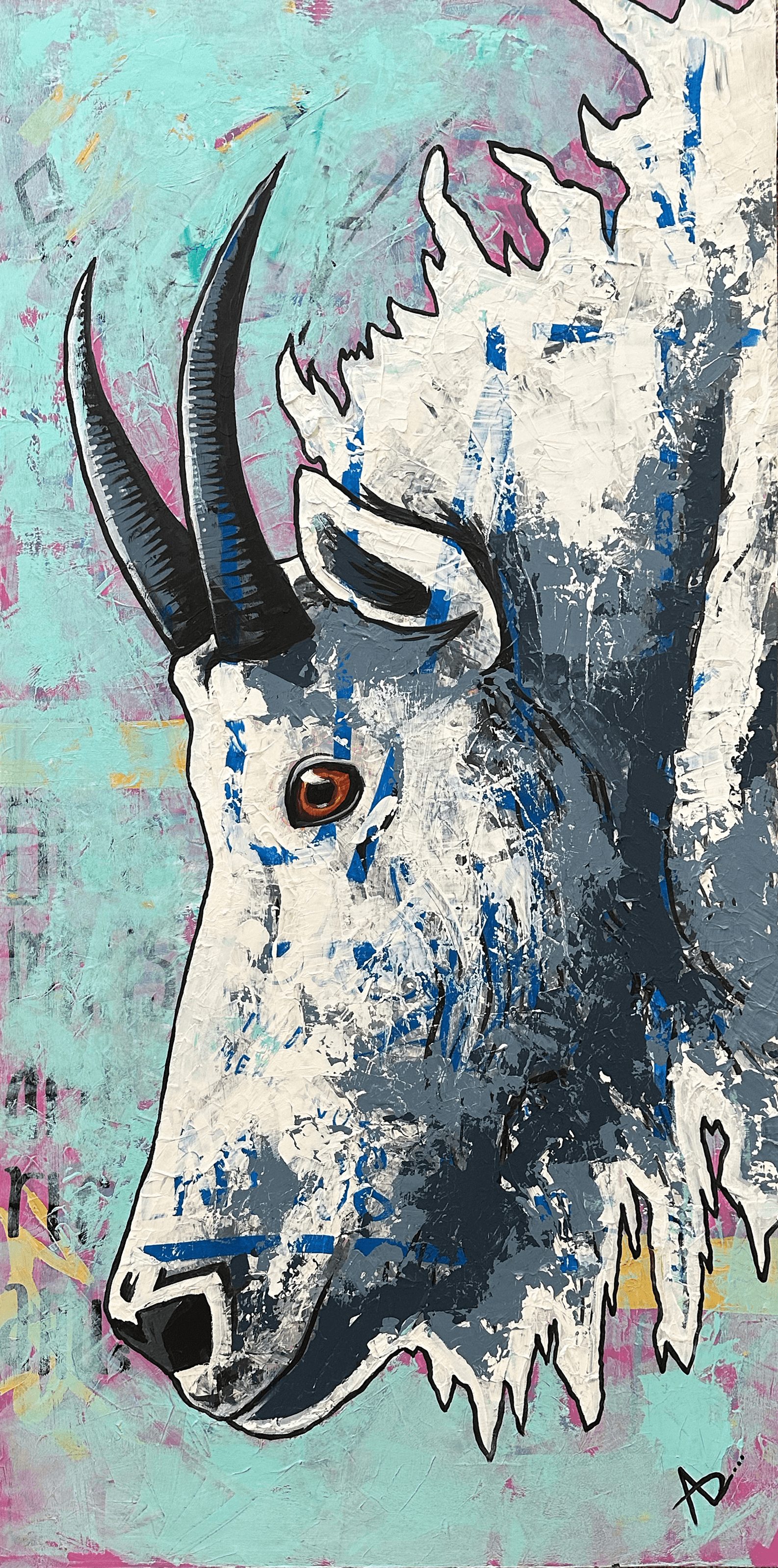 Close-up of a stylized wolf with blue and white fur, black horns, and a brown eye, against a textured background.
