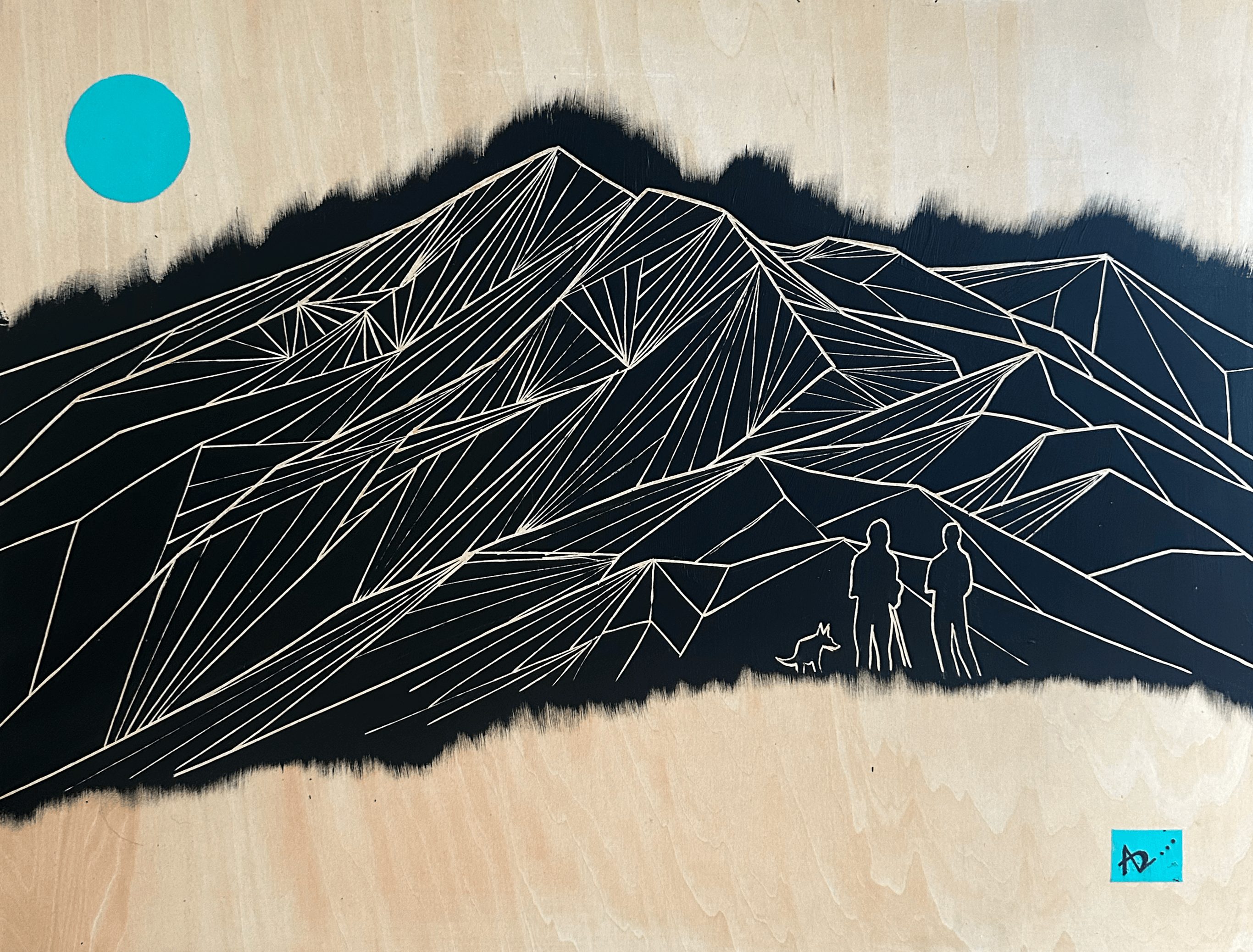 Black fabric with white geometric mountain design, blue circle in top left, and small blue logo in bottom right corner.
