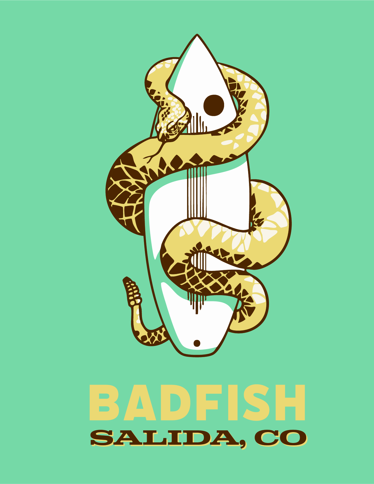 A snake wrapped around a surfboard with a fish-shaped logo on top, set against a teal background.