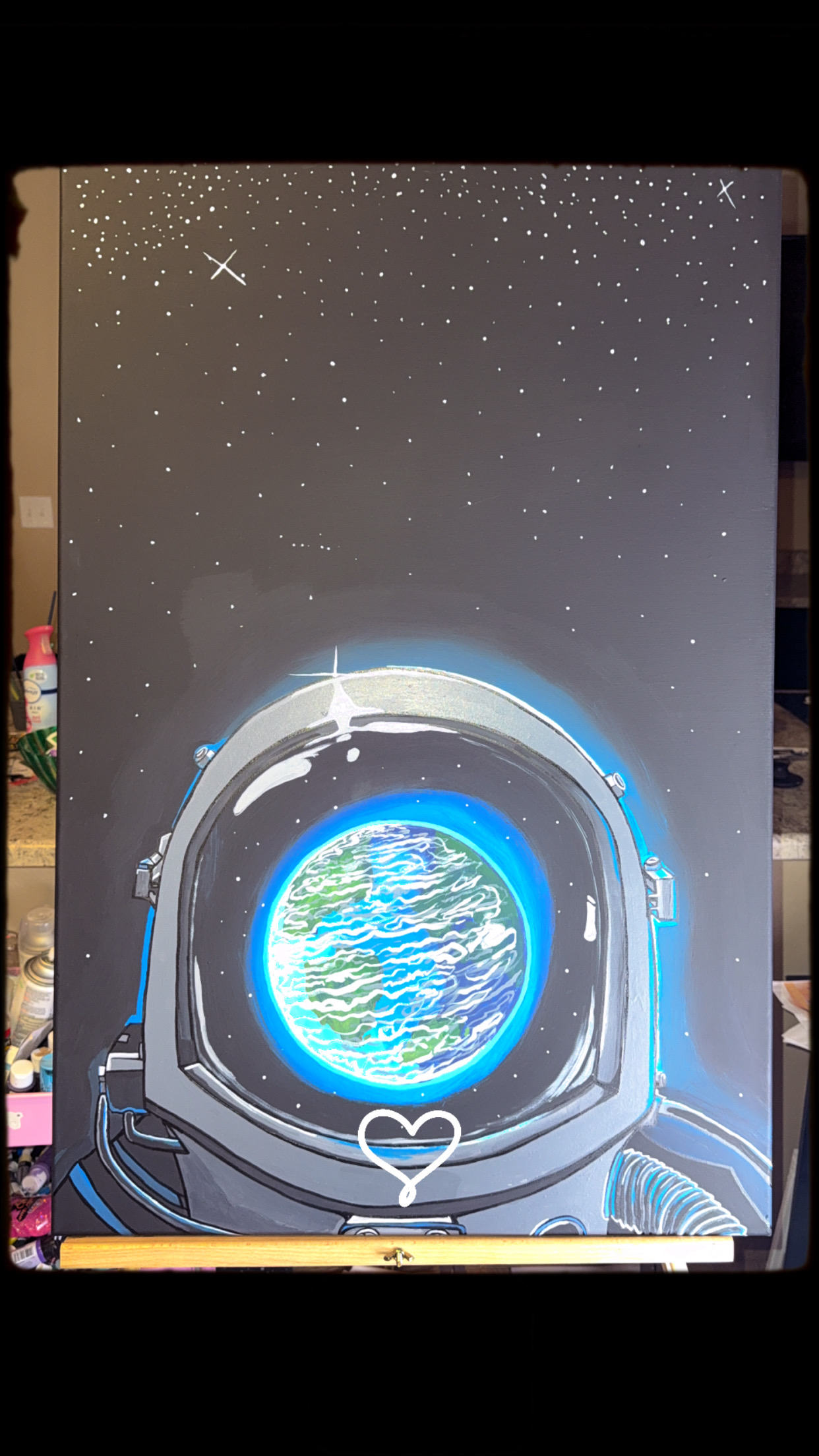 Illustration of an astronaut helmet with Earth visible inside, stars in the background.