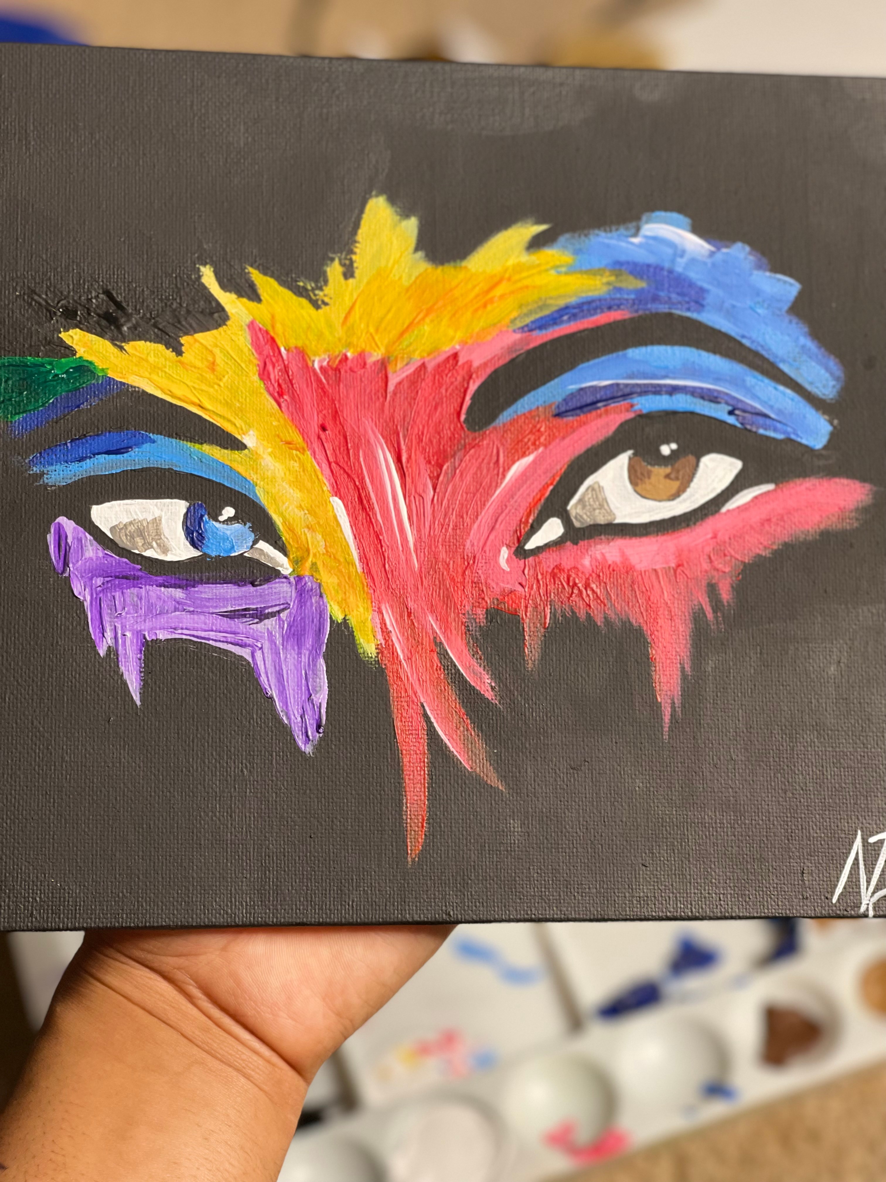 Abstract painting of two eyes with colorful brushstrokes on black background.