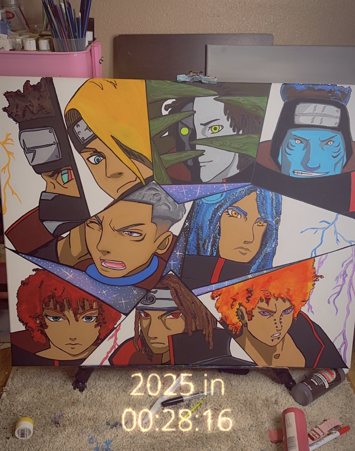 Colorful illustration of characters with various hairstyles and expressions, some with lightning effects, on a black background.