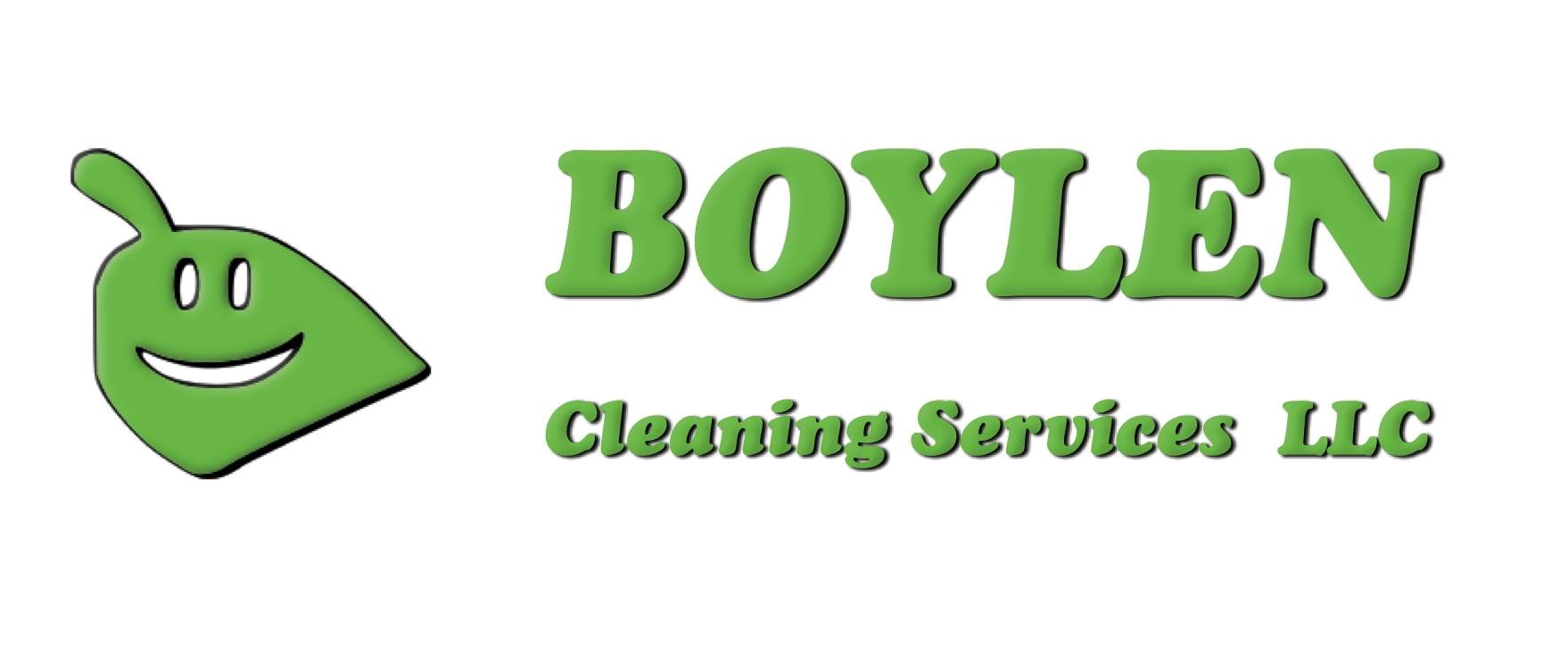 Logo with a smiling green leaf character and text for Boylen Cleaning Services LLC.