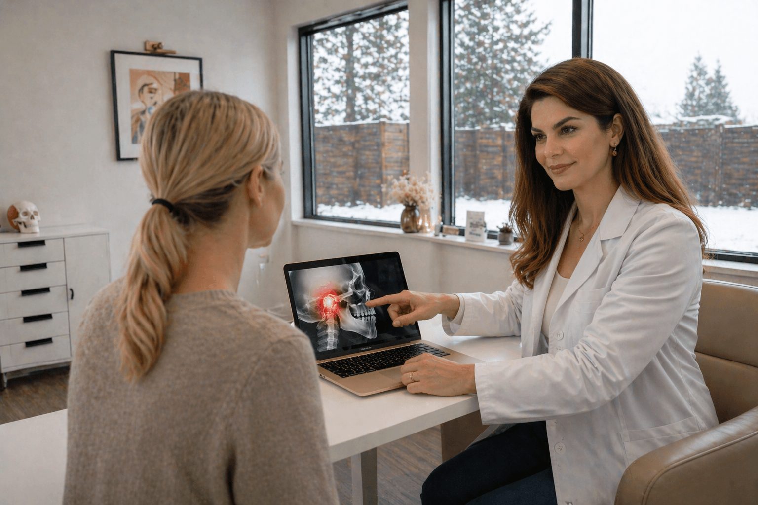 Doctor showing an X-ray image on a tablet to a patient in a consultation room with large windows.