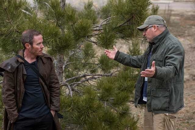 Two men talking outdoors near a pine tree, one gesturing with hands, the other listening.