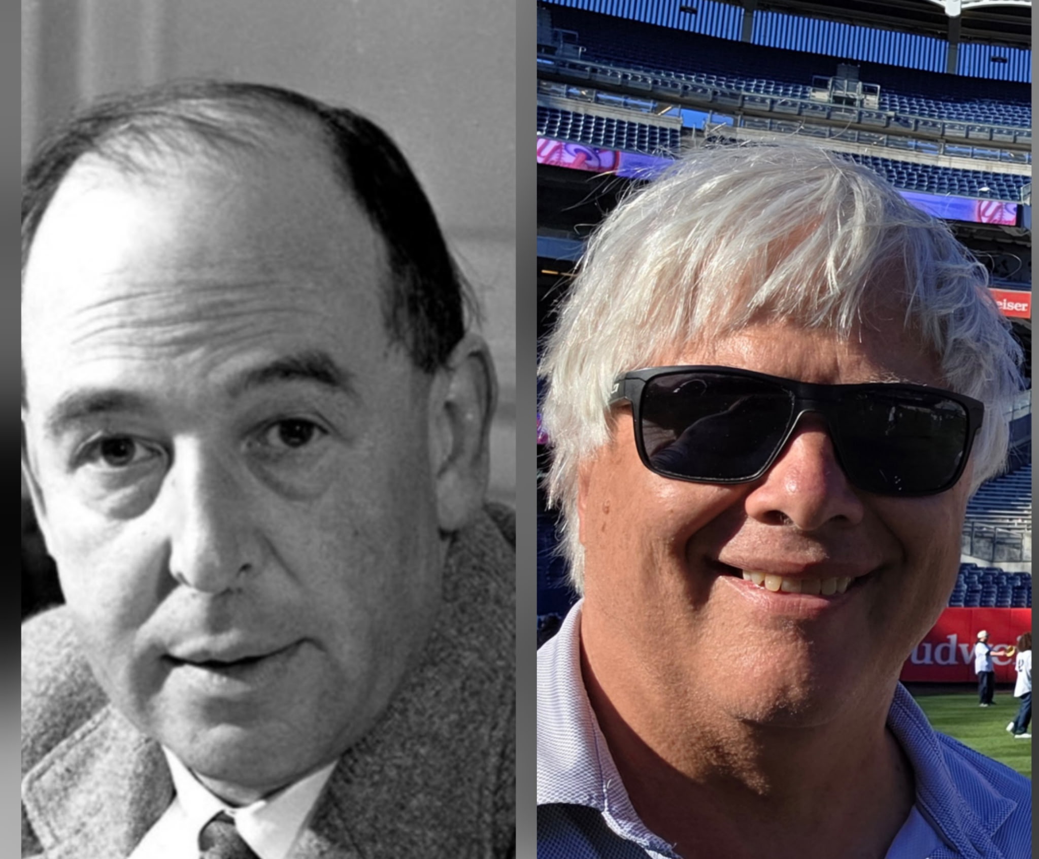 Split image of two men, one in black and white, the other in color with sunglasses, smiling outdoors.