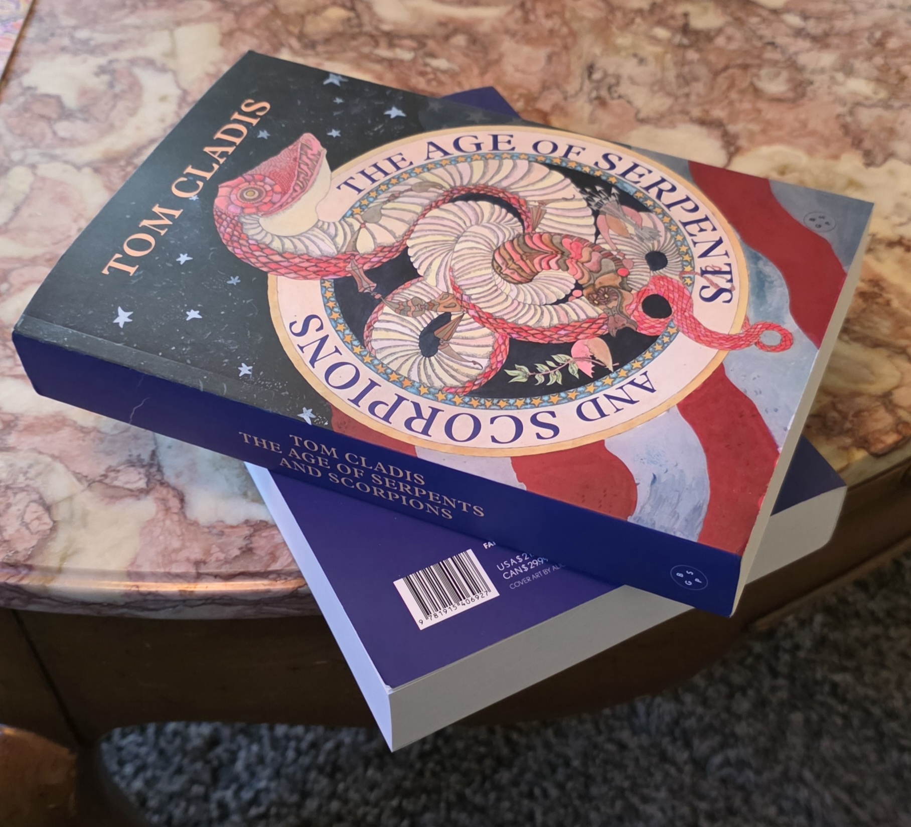Two books stacked on a marble surface, one with a colorful illustrated cover featuring a snake and circular design, the other plain blue.