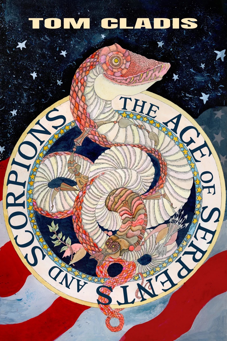Book cover with a snake coiled around a circular emblem, stars in the background, and the title and author's name.