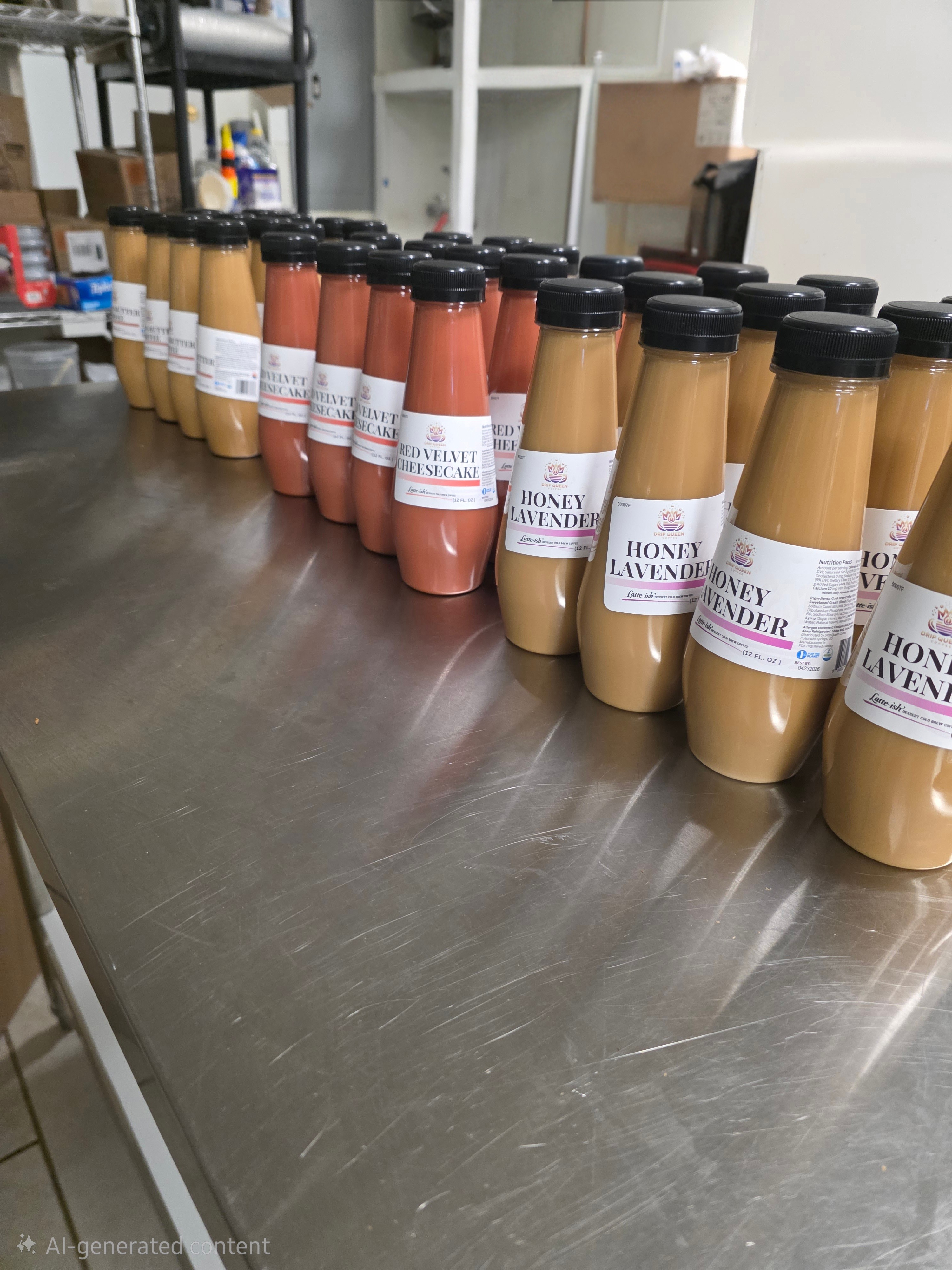 Multiple bottles of honey lavender syrup arranged in rows on a stainless steel surface in a storage area.