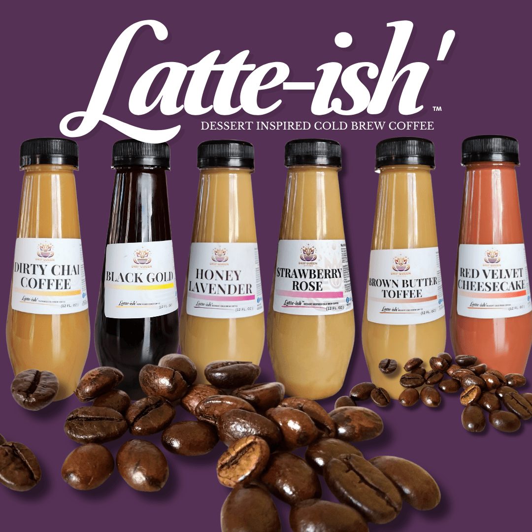 Six bottles of flavored cold brew coffee with coffee beans in front, purple background, and the word 'Latte-ish' at top.
