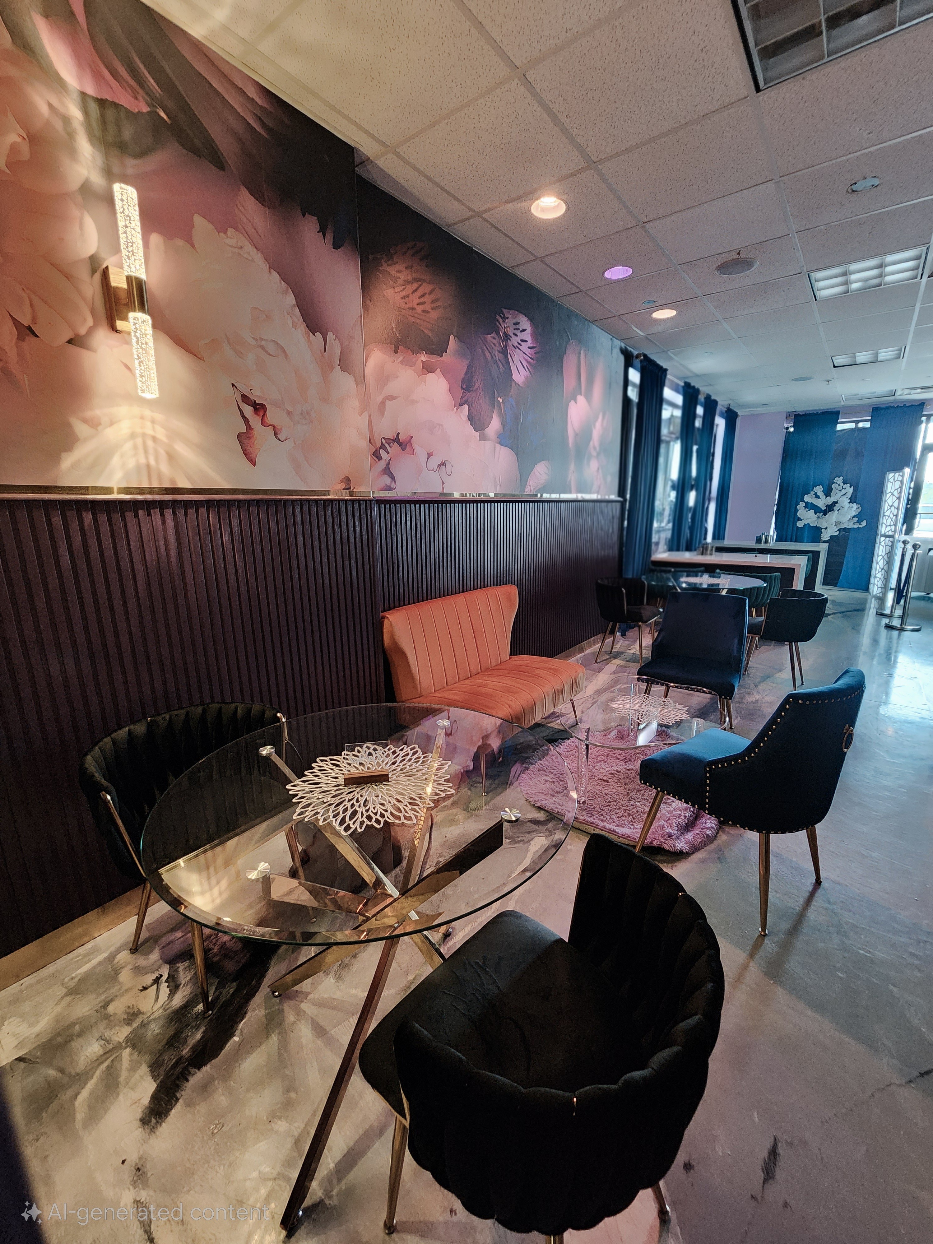 Interior of a modern lounge with a glass table, black and orange chairs, a pink sofa, and a cloud mural wall.