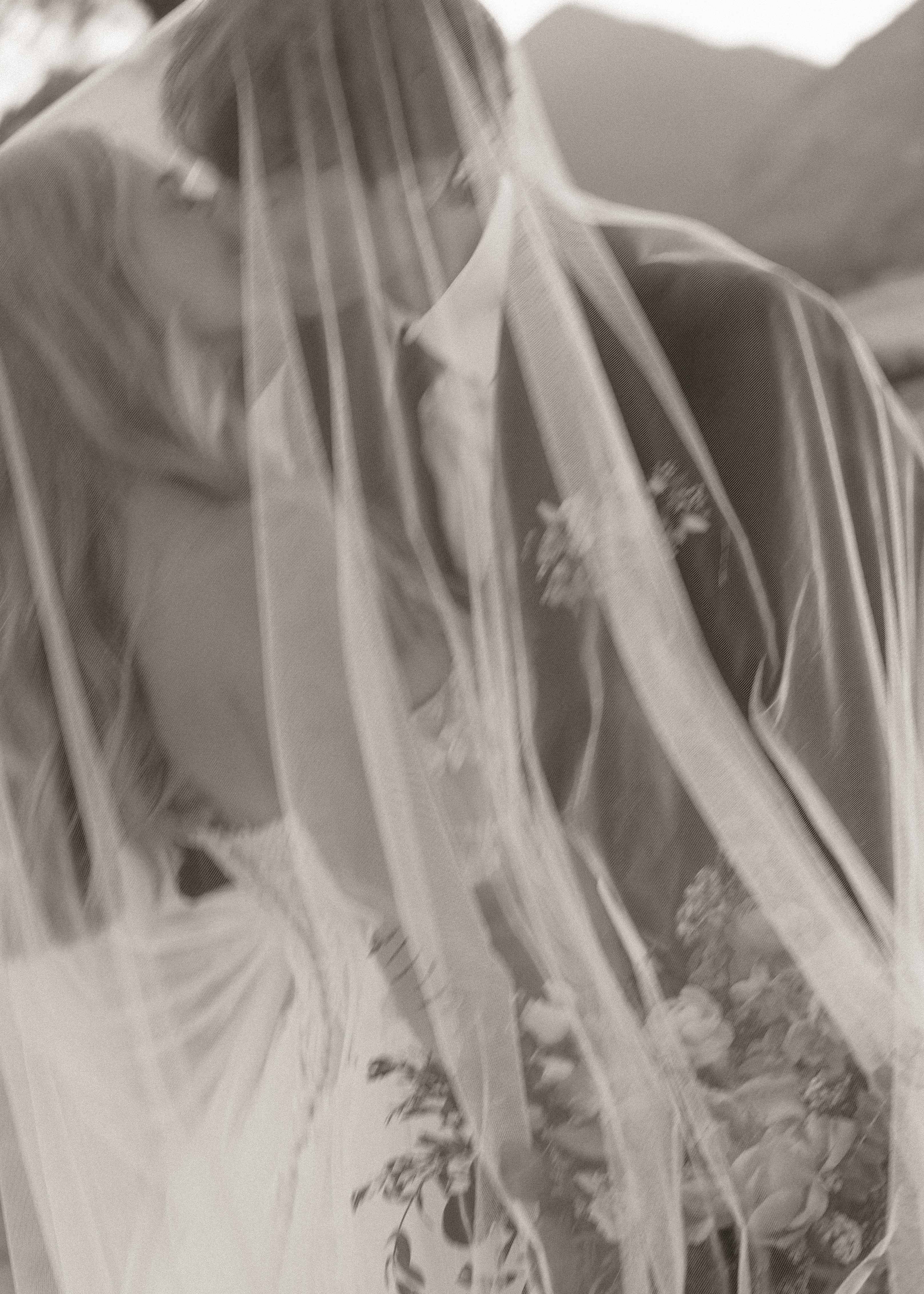 A couple with a veil covering their faces, close together outdoors, with mountains in the background.