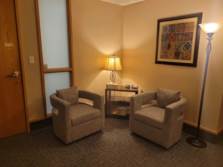 Two gray armchairs face each other in a cozy room with a lamp, framed artwork, and a floor lamp, beige walls.