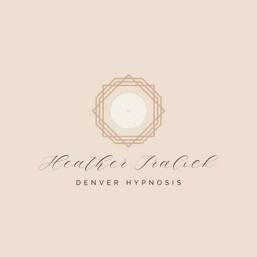 Design with geometric pattern, text reads Heather Track, Denver Hypnosis, on a beige background.