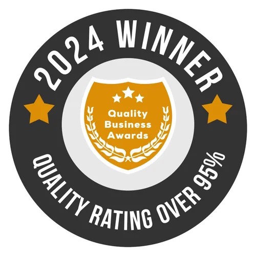 Badge with text indicating 2024 winner, quality rating over 95%, and business awards, with stars and a shield design.