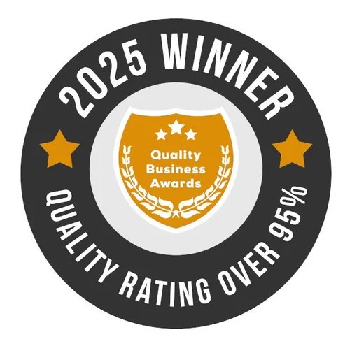 Circular badge with text indicating 2025 winner, quality rating over 95%, and quality business awards, featuring stars and a shield.