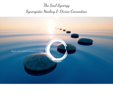Smooth stones in water leading to a bright horizon, with text about healing and divine connection, and a loading circle.