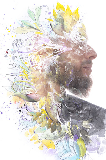 Profile of a man with abstract floral and watercolor elements blending into his head, facing right.