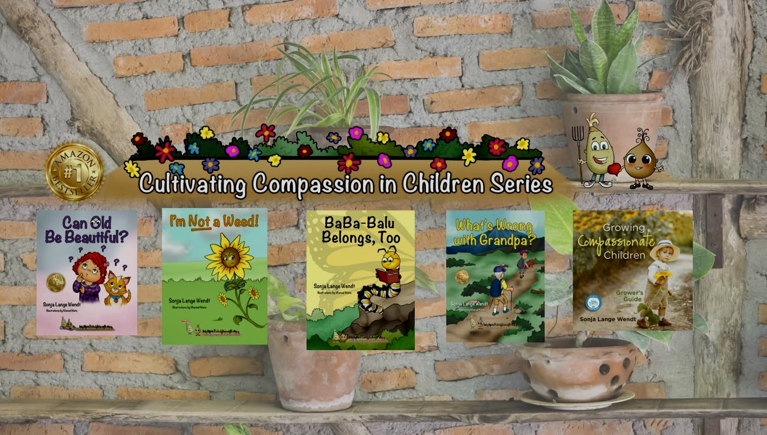Display of children's books on a brick wall with potted plants above and below, colorful titles and illustrations.