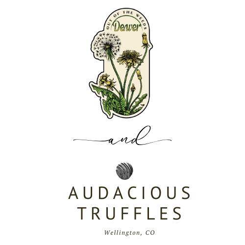 Illustration of dandelions with a Denver badge, the word 'and', a ball of yarn, and the text 'Audacious Truffles, Wellington, CO'.