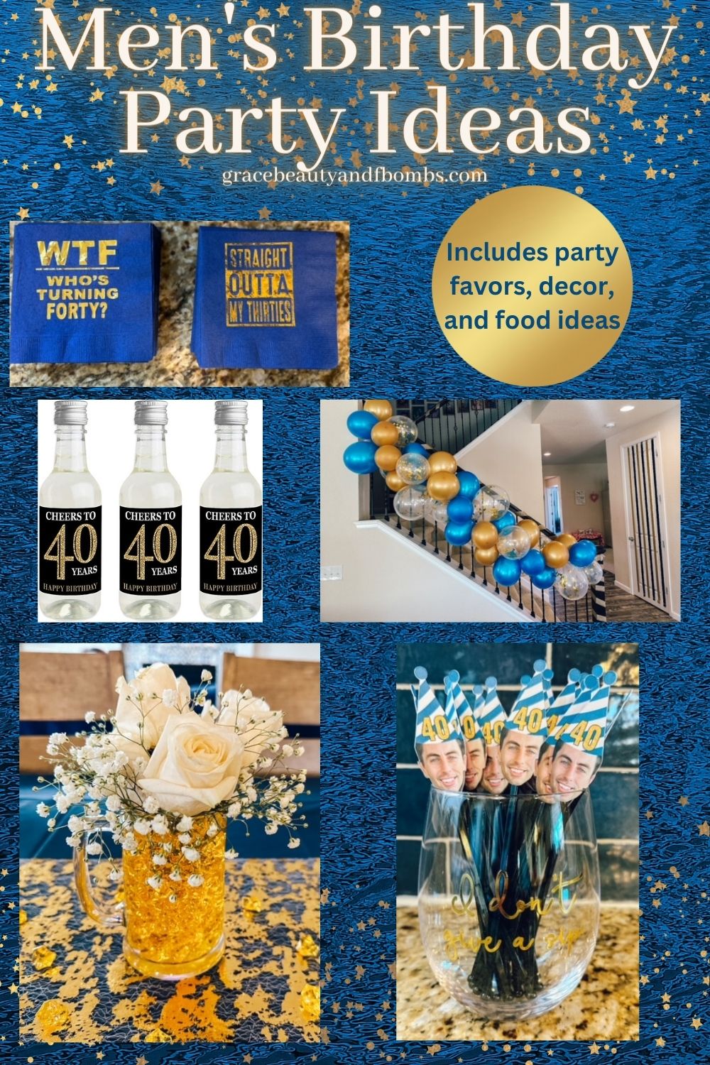 Cover of a birthday party ideas book with decorations, drinks, and party favors, featuring blue, gold, and white colors.