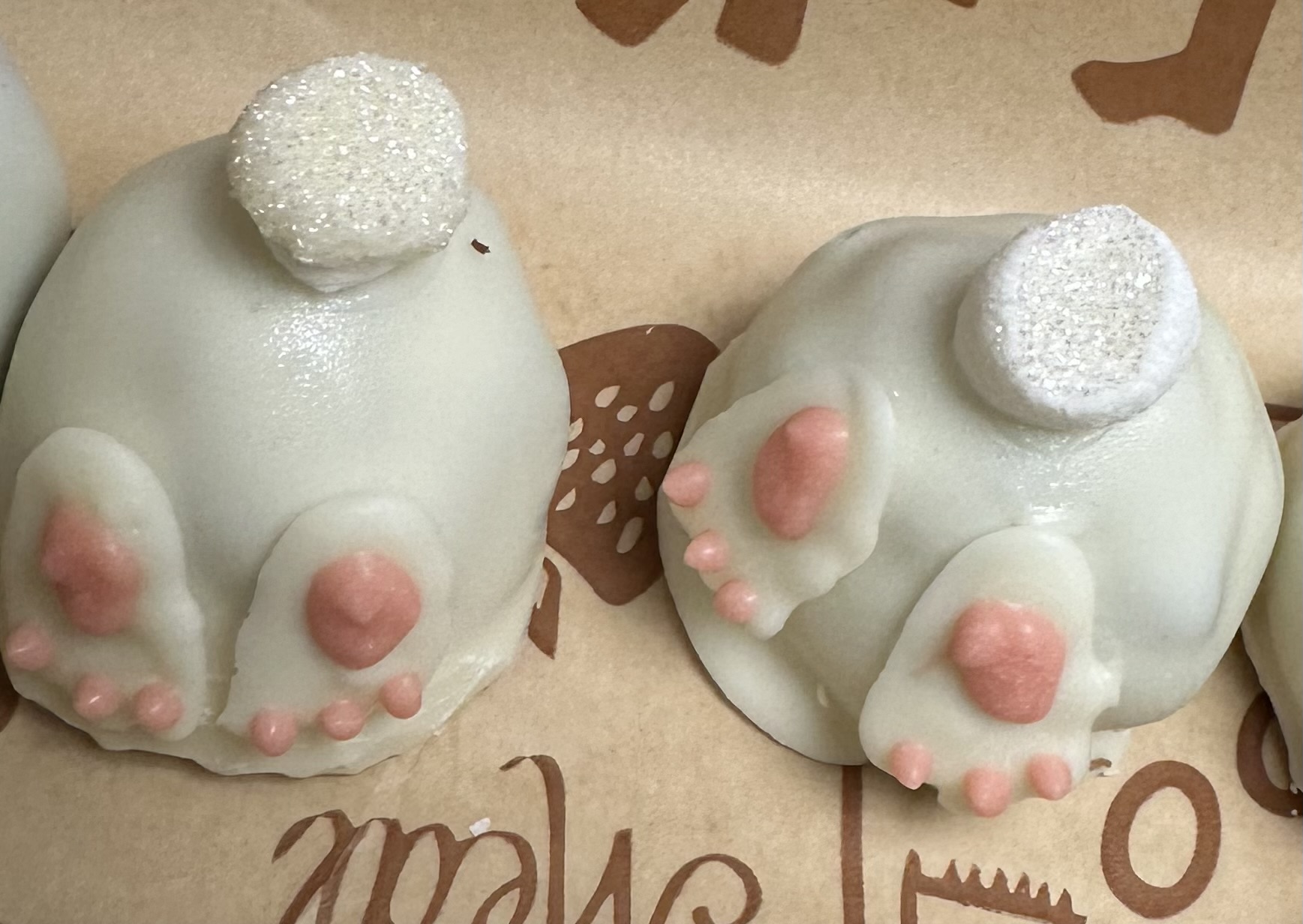 Two cute animal-shaped confections with white coating, pink paw pads, and sugar-coated noses, placed on a brown surface.