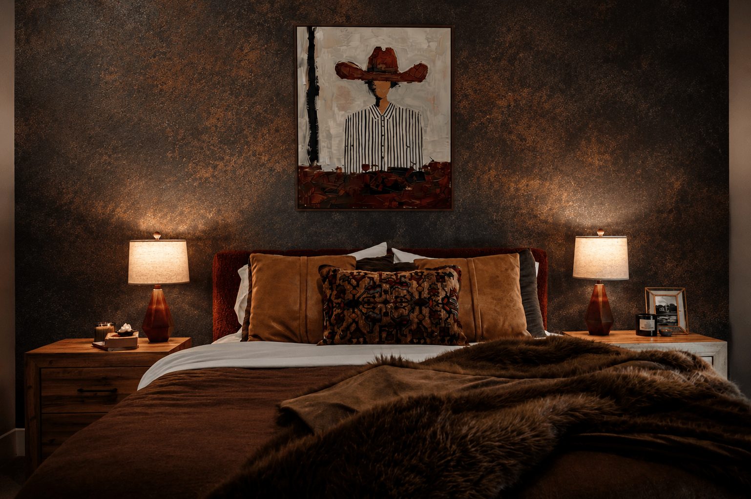 Bedroom with a bed, two bedside lamps, and a painting above the headboard, dark textured wall background.