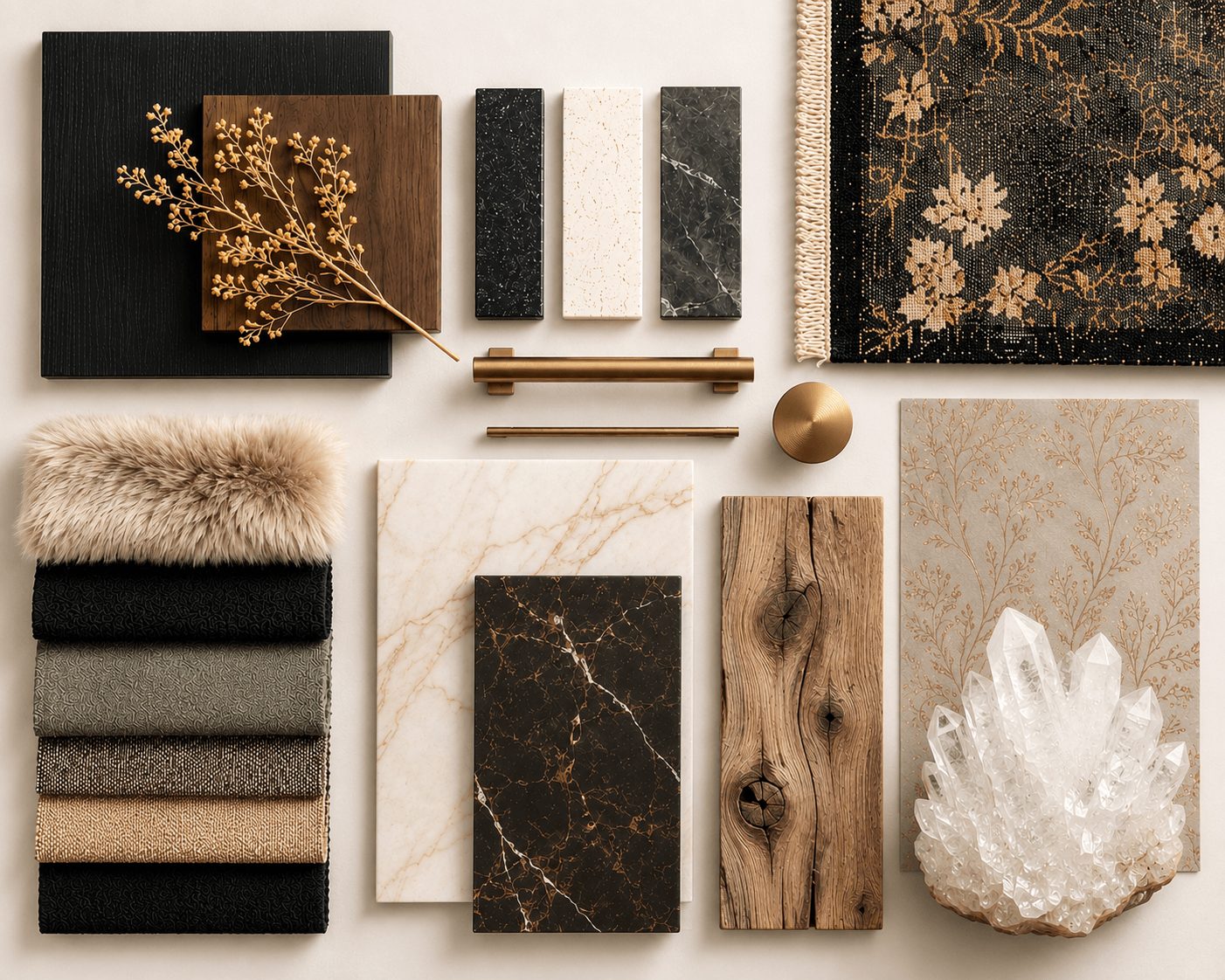 Arrangement of fabric, marble, wood, and decorative objects on a white surface, including a crystal, brushes, and textured materials.