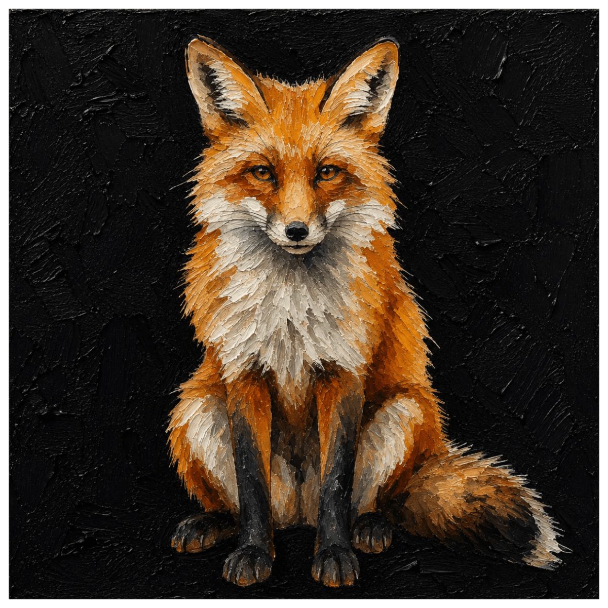 A realistic painting of a sitting fox with orange, white, and black fur against a black textured background.