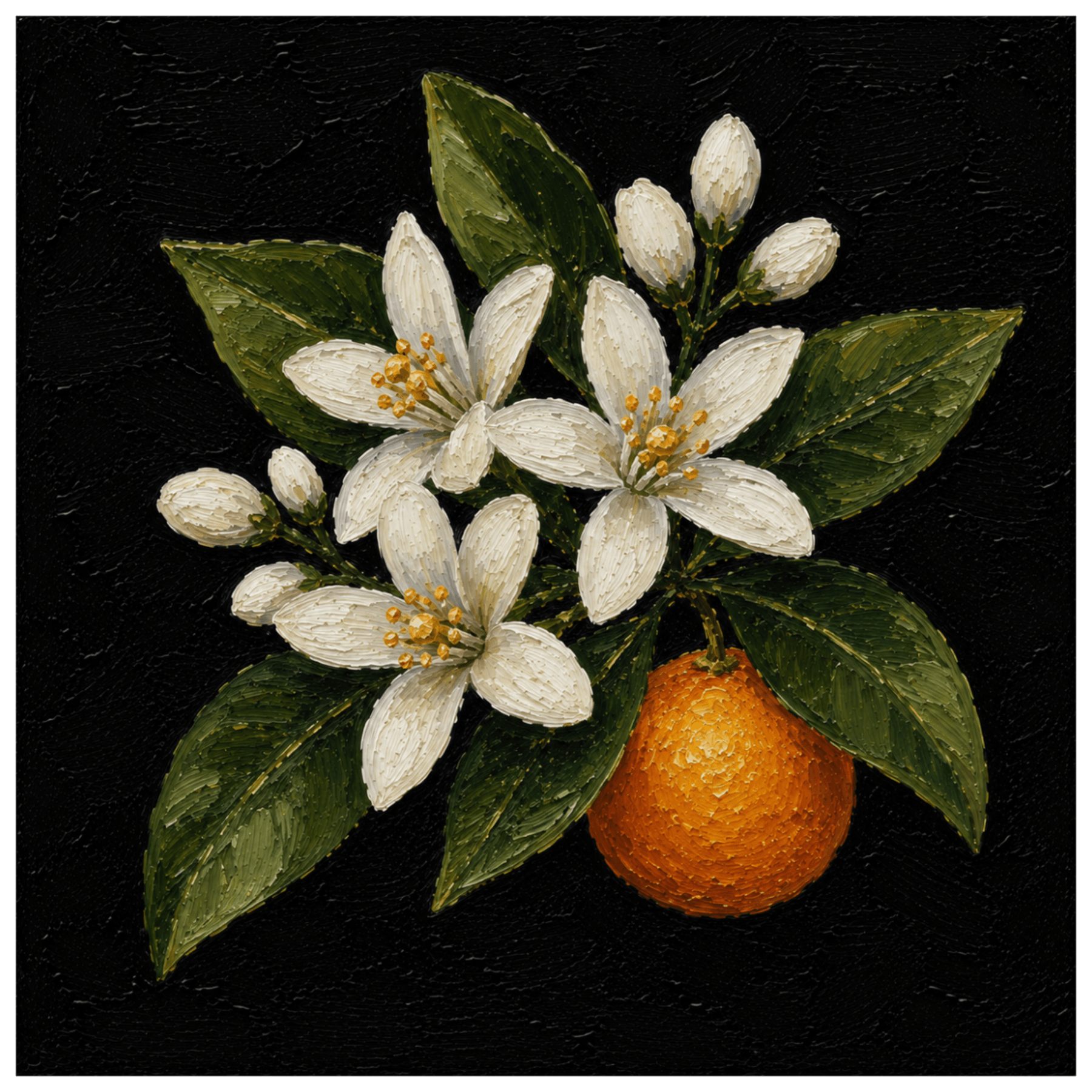 White flowers with yellow centers, green leaves, and an orange fruit on a black background.