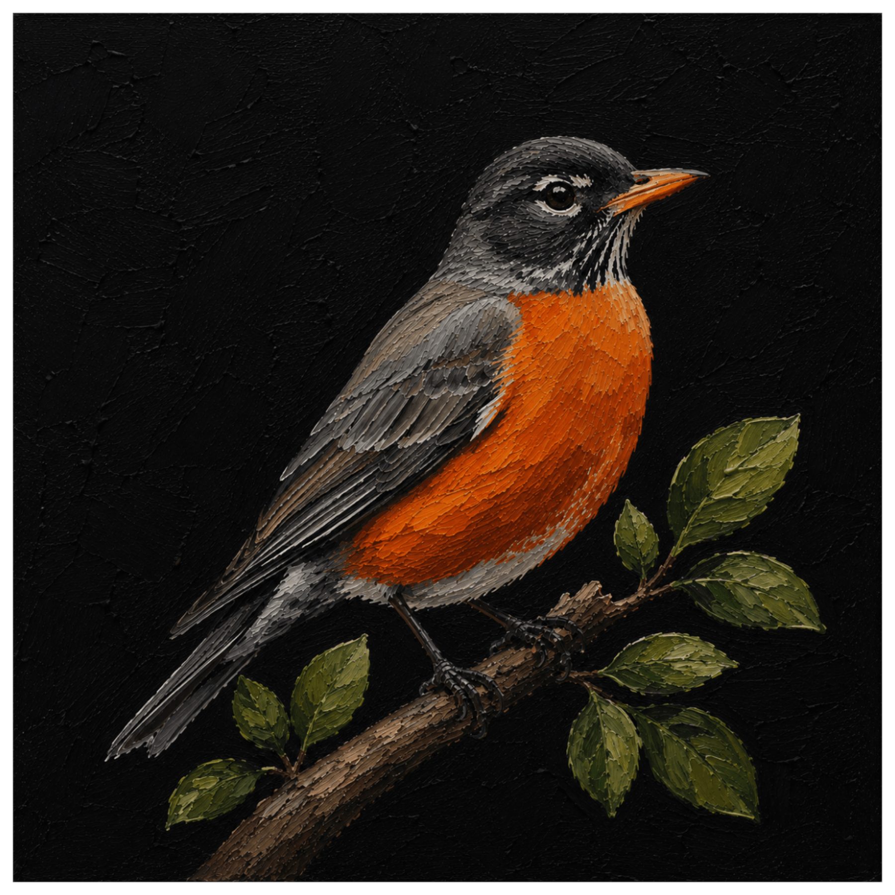 A detailed painting of a bird with orange and gray feathers perched on a branch with green leaves against a black background.