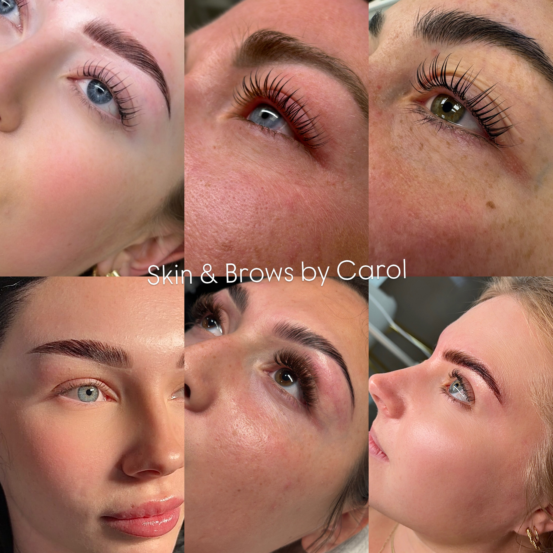Close-up of five different women showing skin, eyebrows, and eye makeup details. Text overlay: 'Skin & Brows by Carol'.