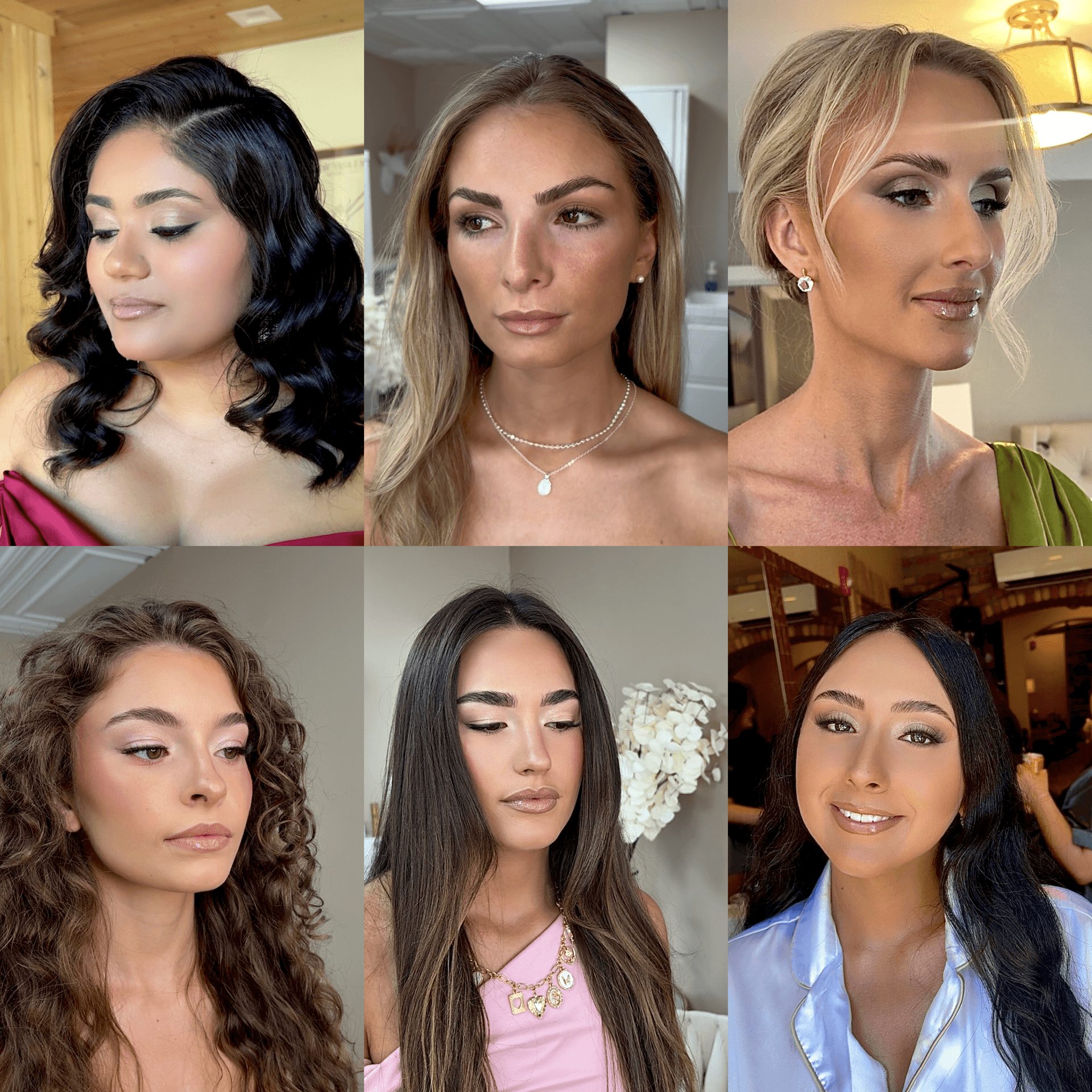 Six women with different hairstyles and makeup, posing indoors and smiling, in a collage format.