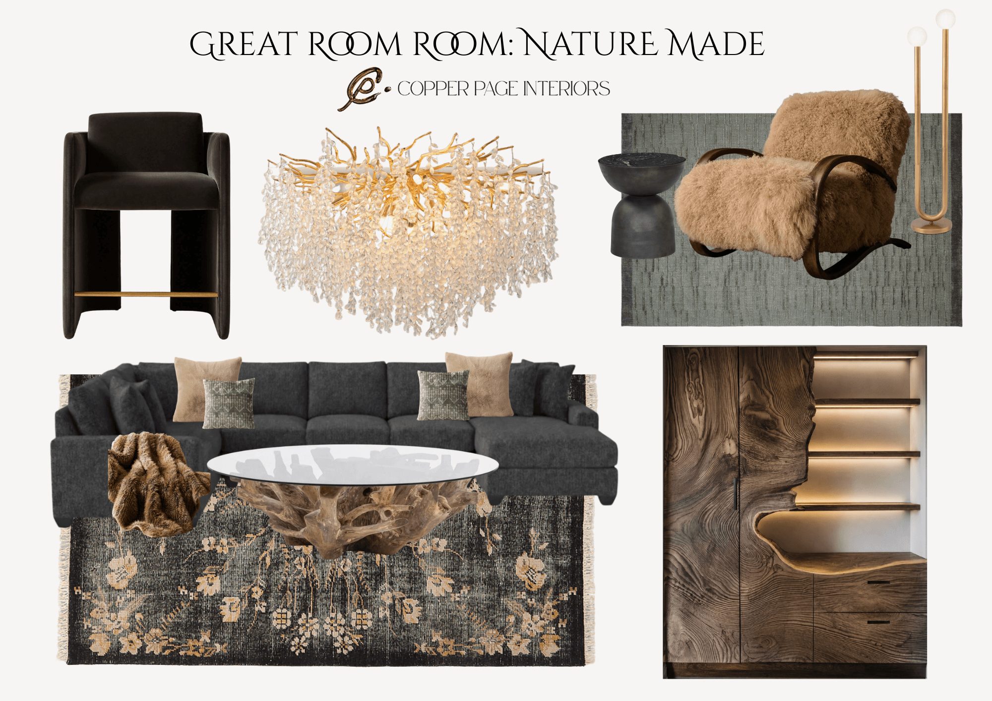 Collage of furniture and decor including a black armchair, chandelier, brown armchair, gray sofa with pillows, wooden staircase, and a marble coffee table.