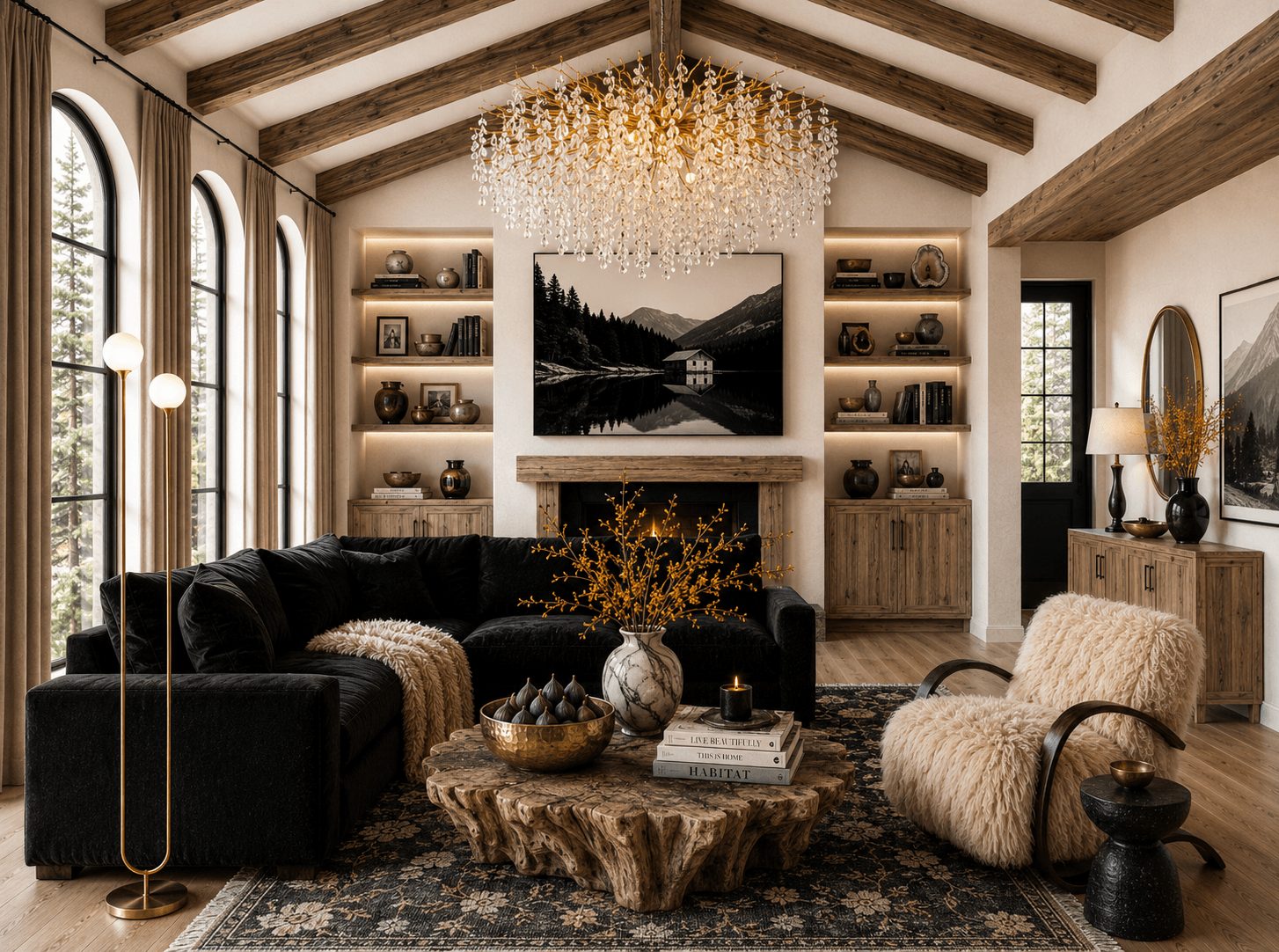Living room with large windows, chandelier, black sofa, armchair, fireplace, and decorative items, in a cozy, rustic style.