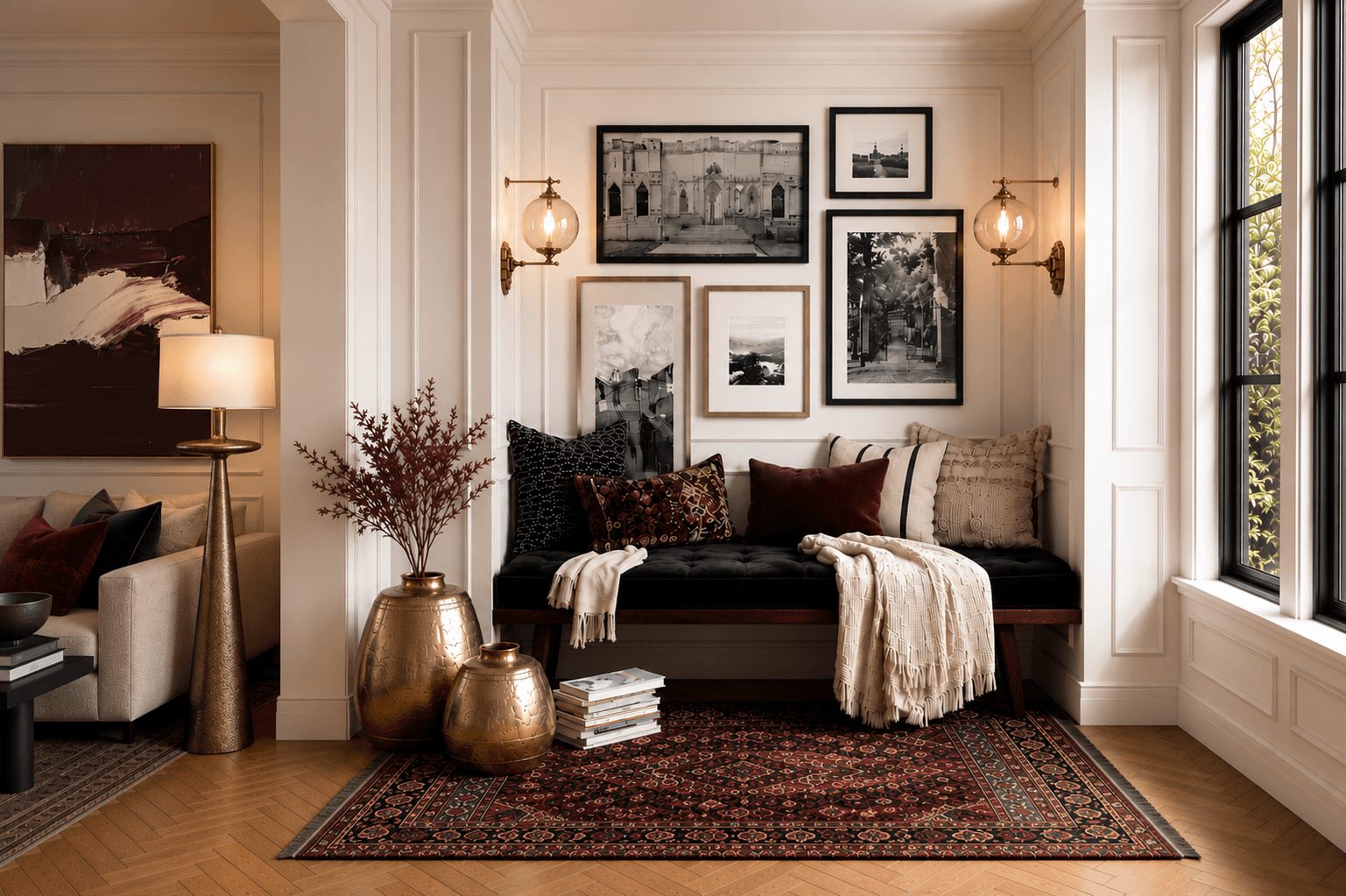 Living room with a black sofa, framed black-and-white photos, and large windows, decorated with vases and a rug.