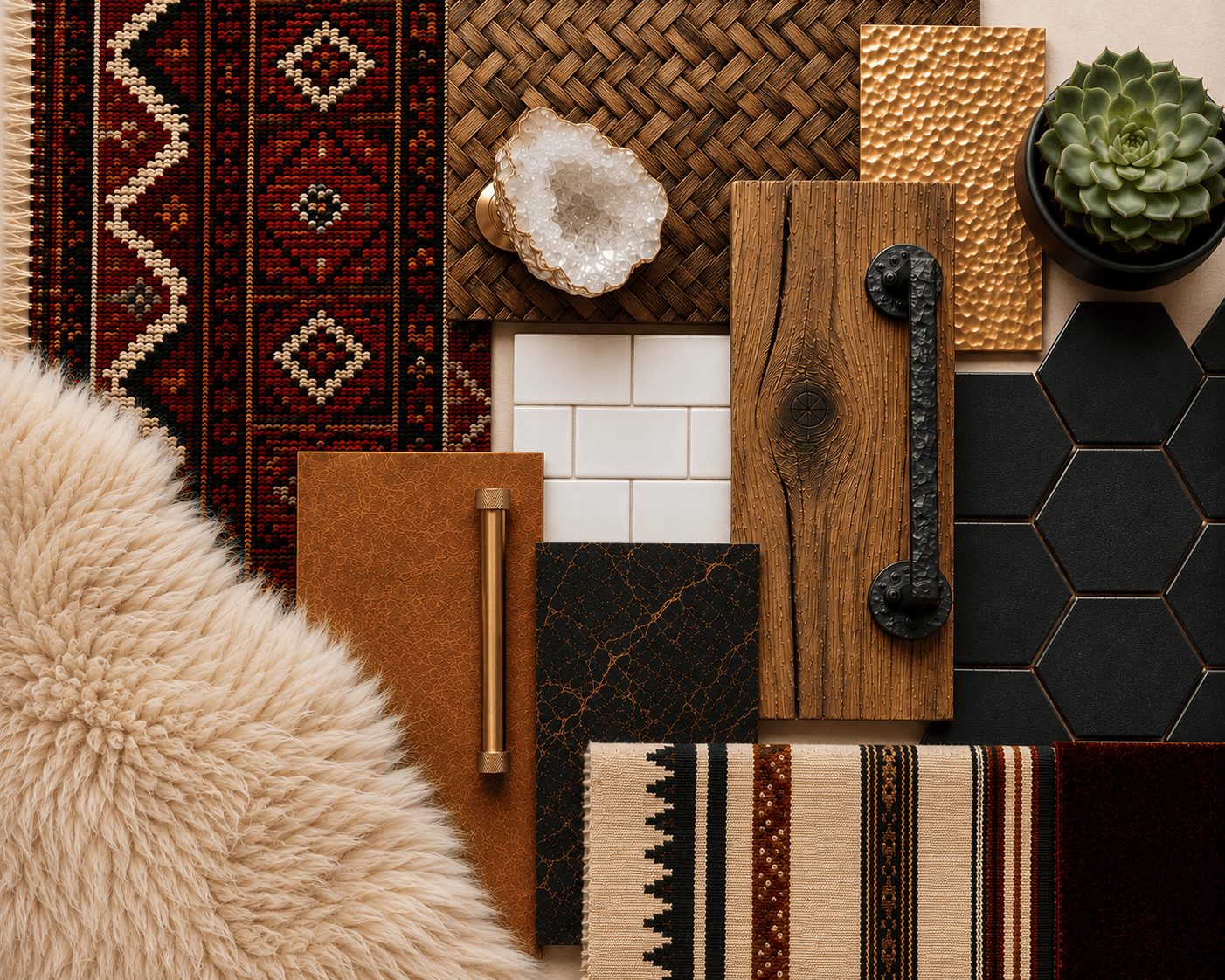 Arrangement of various textured materials including wood, tiles, fabric, and a plant, with a fluffy beige fabric in the corner.