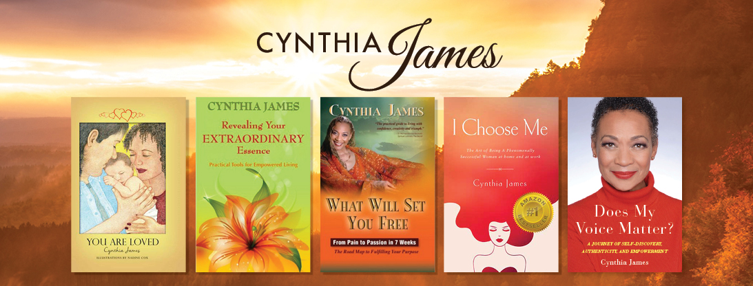 Book covers displayed with Cynthia James' name above, featuring various colorful designs and titles.