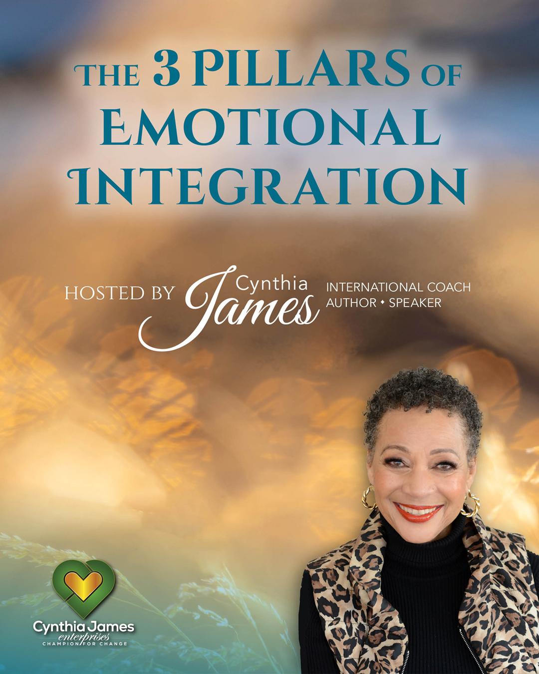 Book cover titled 'The 3 Pillars of Emotional Integration' featuring Cynthia James smiling, with a sunset background.