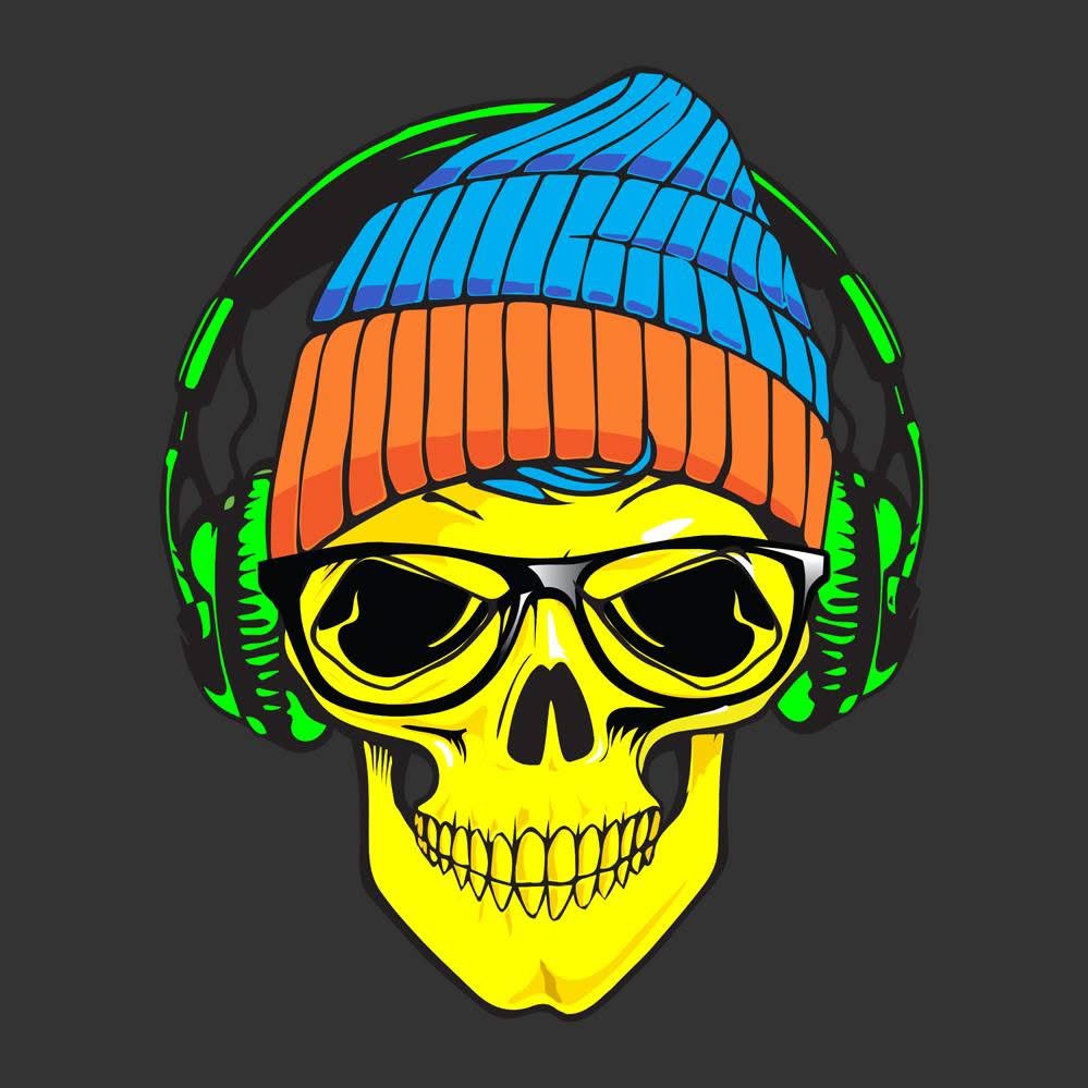 Yellow skull wearing sunglasses, blue and orange beanie, and green headphones, on a dark background.